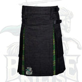 Modern Black Denim with Irish Green Tartan Hybrid Kilt – Premium Scottish-Irish Utility Wear